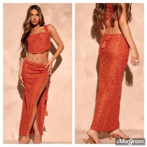 PLT Rust Patterned Crochet Knit Maxi Skirt & Top